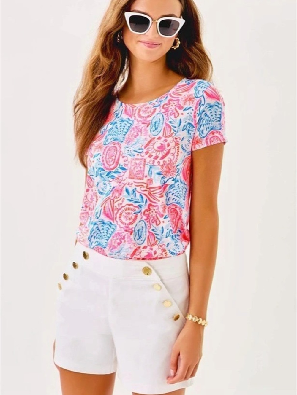 Lilly Pulitzer Key West Top Floral Short Sleeve Top in Pink & Blue XS